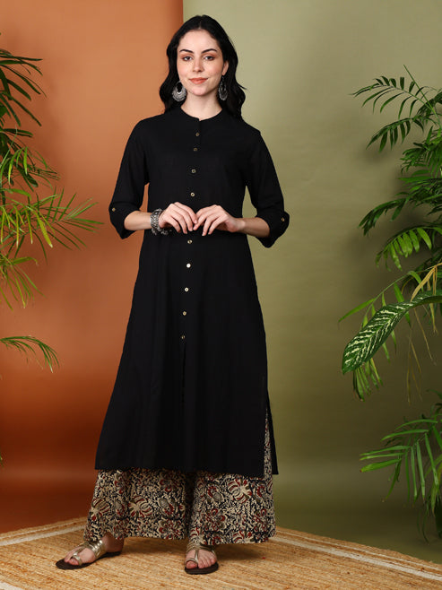 Fashion Plus Store Women's Cotton Slub Calf Length 3/4th Sleeve Straight Kurta with Kalamkari Printed Palazzo