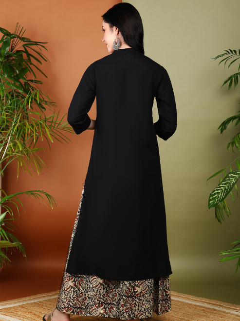 Fashion Plus Store Women's Cotton Slub Calf Length 3/4th Sleeve Straight Kurta with Kalamkari Printed Palazzo