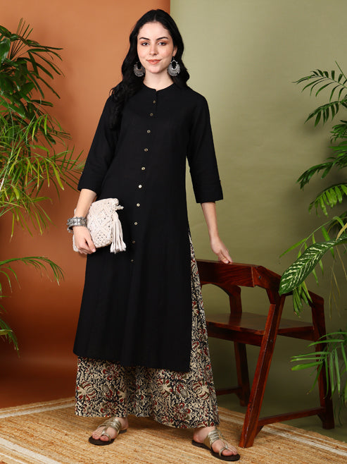 Fashion Plus Store Women's Cotton Slub Calf Length 3/4th Sleeve Straight Kurta with Kalamkari Printed Palazzo