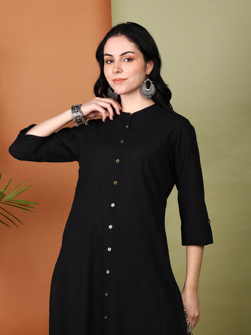 Fashion Plus Store Women's Cotton Slub Calf Length 3/4th Sleeve Straight Kurta with Kalamkari Printed Palazzo