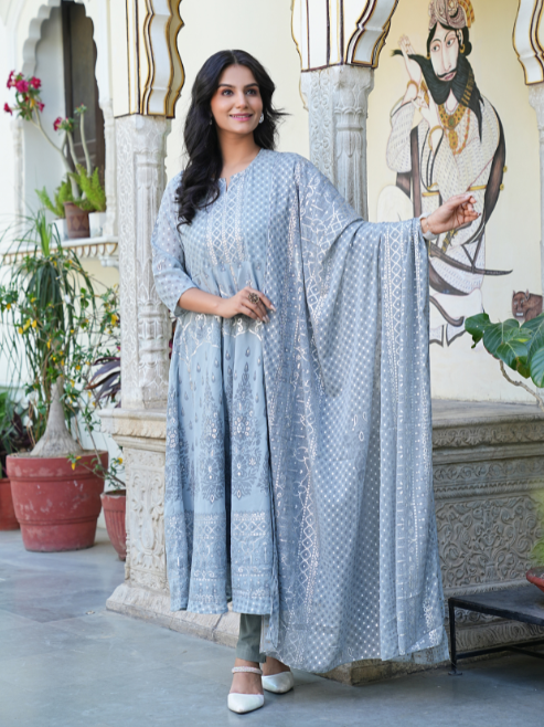 Fashion Plus Store Women's Polyester Calf Length 3/4th Sleeve Notch Neck Geometric Printed Anarkali Kurta with Dupatta