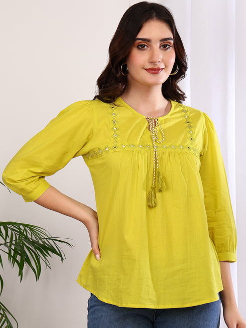 Fashion Plus Store Women's Cotton Embroidered 3/4 Sleeve Keyhole Neck Casual Straight Tops
