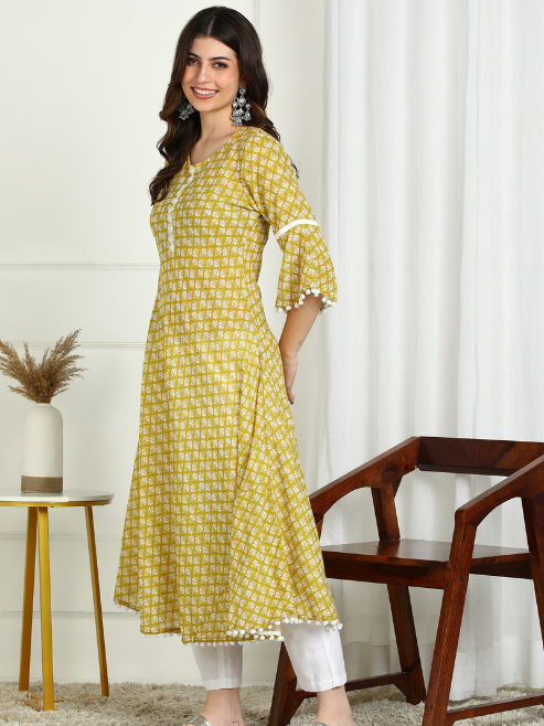 Cambric Cotton Printed Mirror Work A-Line Kurta