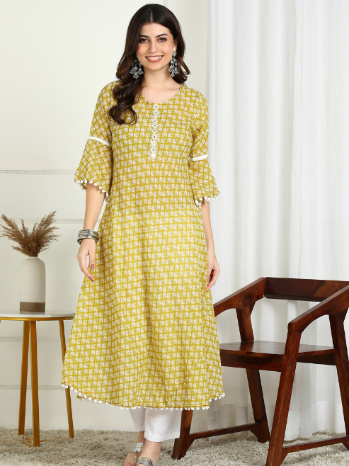 Cambric Cotton Printed Mirror Work A-Line Kurta