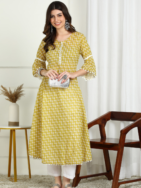 Cambric Cotton Printed Mirror Work A-Line Kurta