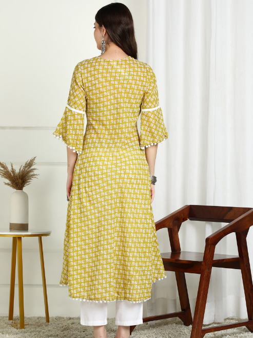 Cambric Cotton Printed Mirror Work A-Line Kurta