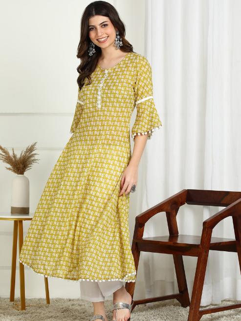 Cambric Cotton Printed Mirror Work A-Line Kurta