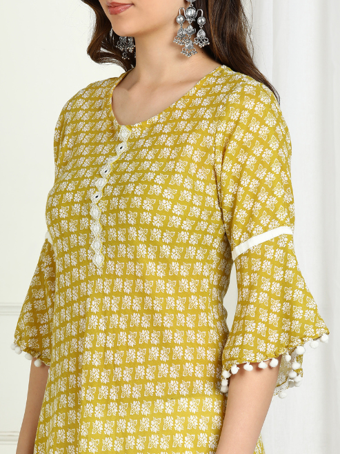 Cambric Cotton Printed Mirror Work A-Line Kurta