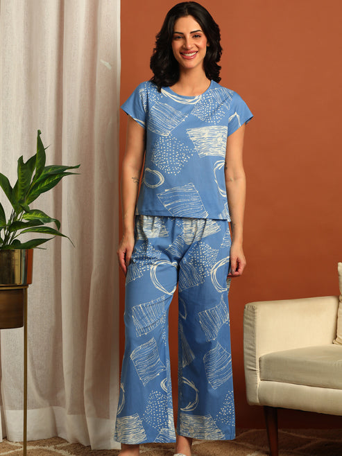Fashion Plus Store Women's Cotton Straight Geomatrical Printed Night Suit for Women