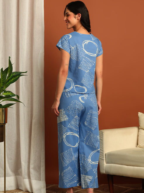 Fashion Plus Store Women's Cotton Straight Geomatrical Printed Night Suit for Women