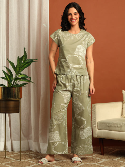 Fashion Plus Store Women's Cotton Straight Geomatrical Printed Night Suit for Women