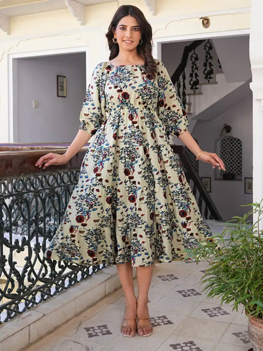 Rayon Floral Printed Square Neck 3/4th Sleeve Tiered Style Casual Maxi Dress