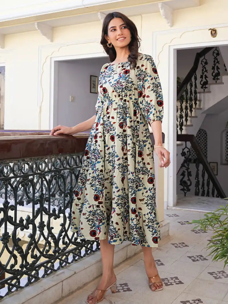 Rayon Floral Printed Square Neck 3/4th Sleeve Tiered Style Casual Maxi Dress