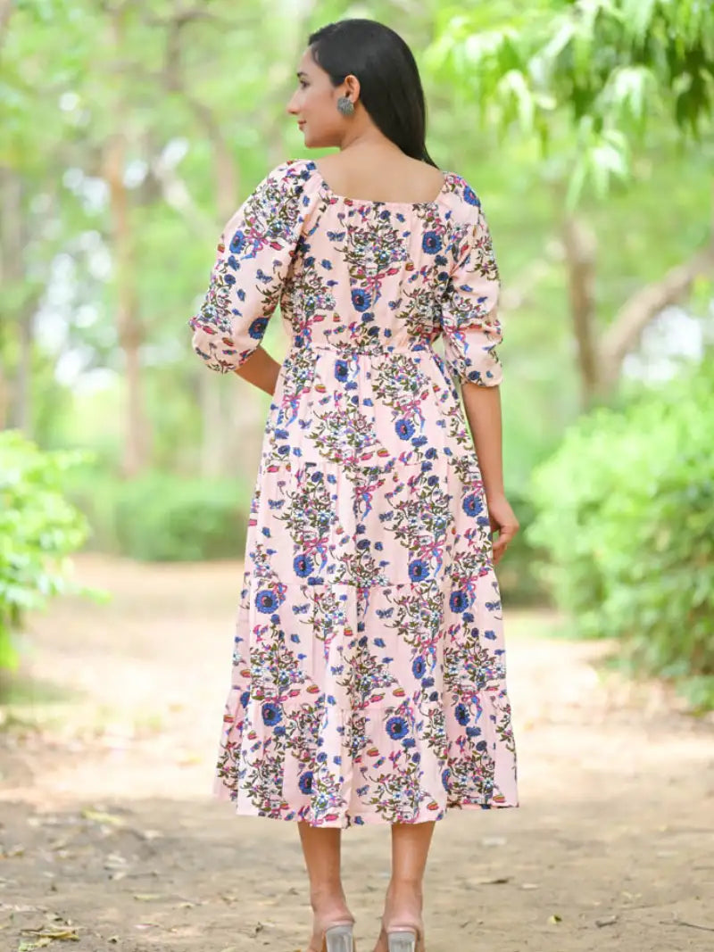 Rayon Floral Printed Square Neck 3/4th Sleeve Tiered Style Casual Maxi Dress