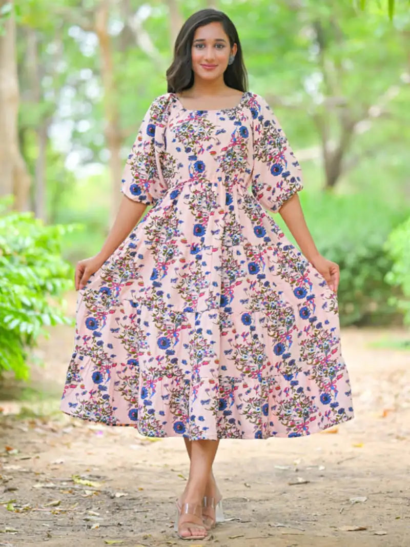 Rayon Floral Printed Square Neck 3/4th Sleeve Tiered Style Casual Maxi Dress