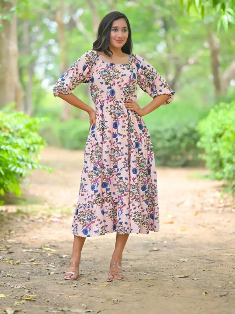Rayon Floral Printed Square Neck 3/4th Sleeve Tiered Style Casual Maxi Dress