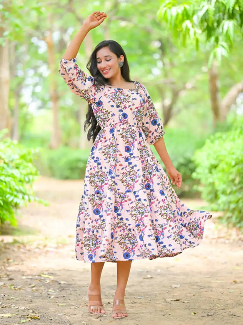 Rayon Floral Printed Square Neck 3/4th Sleeve Tiered Style Casual Maxi Dress