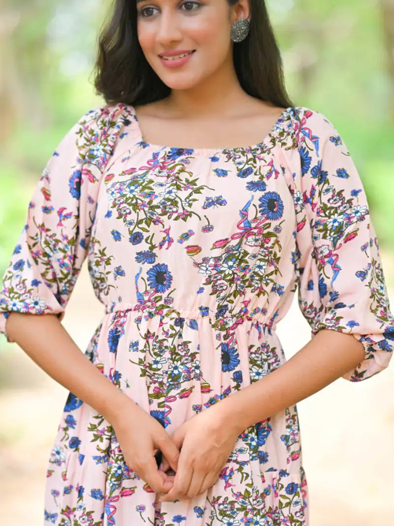 Rayon Floral Printed Square Neck 3/4th Sleeve Tiered Style Casual Maxi Dress