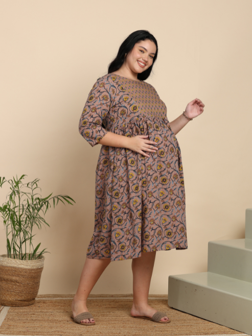 Fashion Plus Store Women’s Cotton Maternity Dress, Round Neck, 3/4 Sleeves  (Muave)