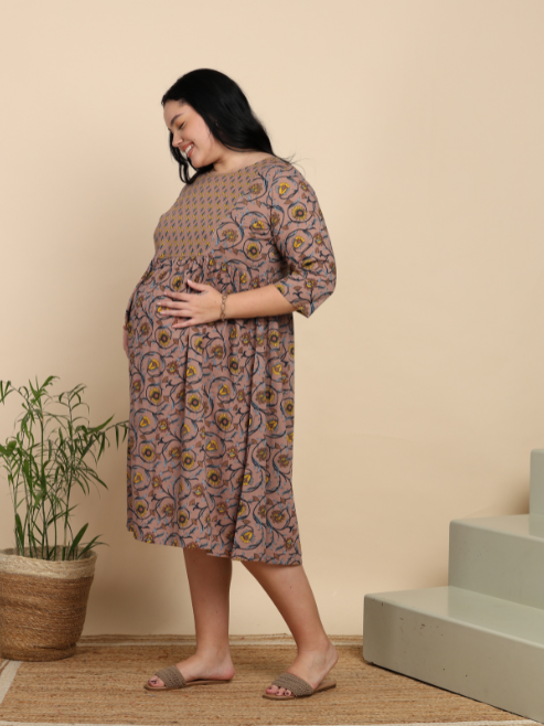 Fashion Plus Store Women’s Cotton Maternity Dress, Round Neck, 3/4 Sleeves  (Muave)