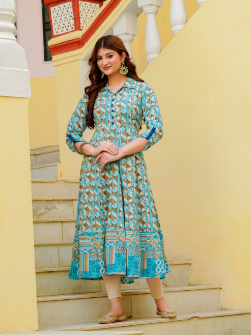 Fashion Plus Store Women's Geomatrical Printed Anarkali Kurti