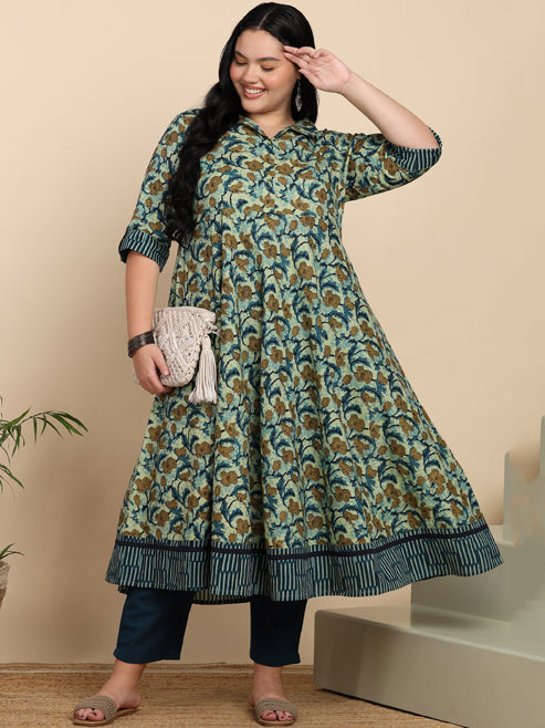 Cotton Floral Printed Anarkali Kurta (MAROON)