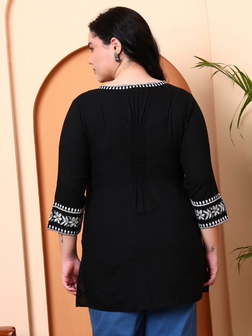 Fashion Plus Store Women’s Rayon Kurti with Printed Chikankari (Black)