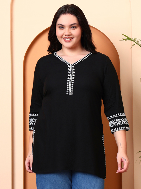 Fashion Plus Store Women’s Rayon Kurti with Printed Chikankari (Black)