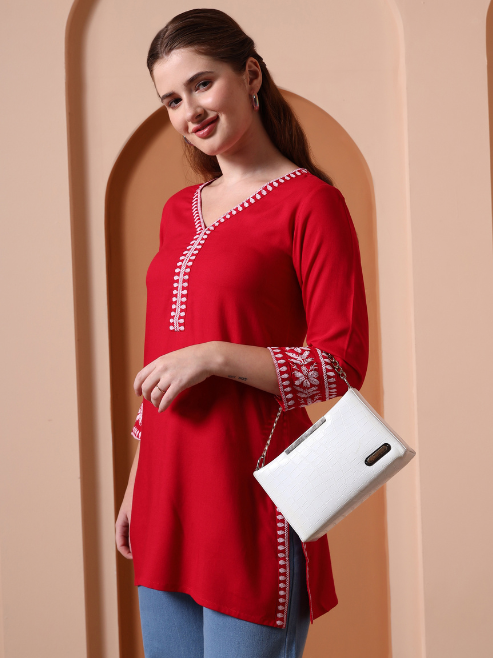 Fashion Plus Store Women’s Rayon Kurti with Printed Chikankari (Black)