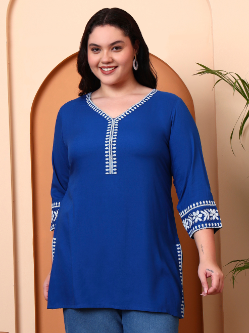 Fashion Plus Store Women’s Rayon Kurti with Printed Chikankari (Black)