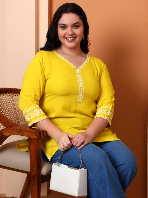 Fashion Plus Store Women’s Rayon Kurti with Printed Chikankari (Black)