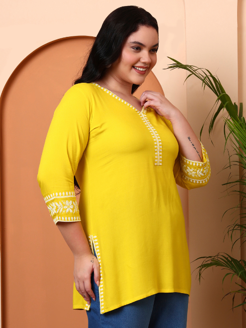 Fashion Plus Store Women’s Rayon Kurti with Printed Chikankari (Black)