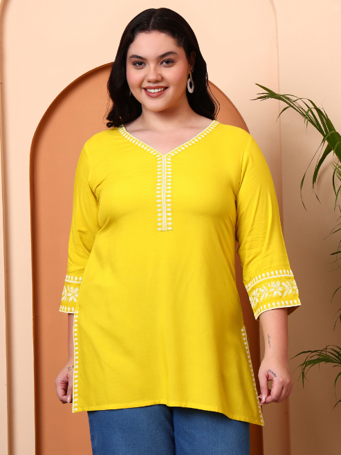 Fashion Plus Store Women’s Rayon Kurti with Printed Chikankari (Black)