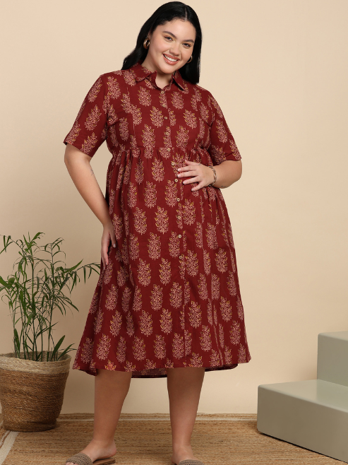 Fashion Plus Store Women's Cotton Maternity Wear Plus Size Floral Buti Printed  Dress (Maroon)