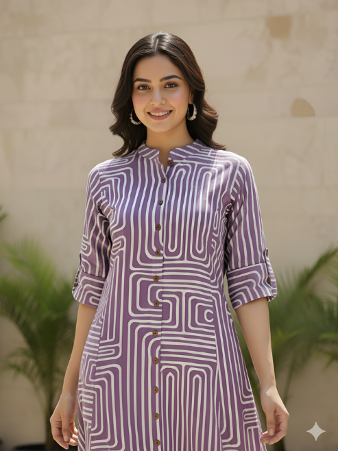 Fashion Plus Store Women’s Cotton Printed Kurta with Pant Set Mandarin Collar, Elbow Sleeves, A-Line Flare (Purple)
