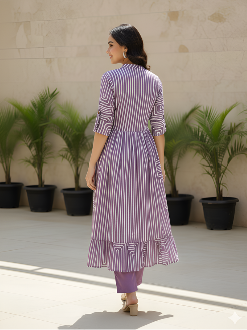 Fashion Plus Store Women’s Cotton Printed Kurta with Pant Set Mandarin Collar, Elbow Sleeves, A-Line Flare (Purple)