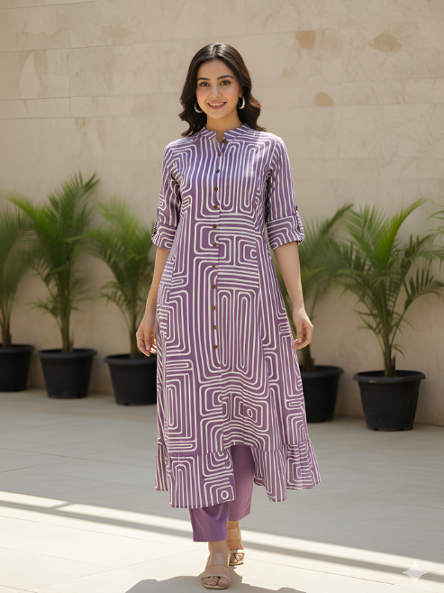 Fashion Plus Store Women’s Cotton Printed Kurta with Pant Set Mandarin Collar, Elbow Sleeves, A-Line Flare (Purple)