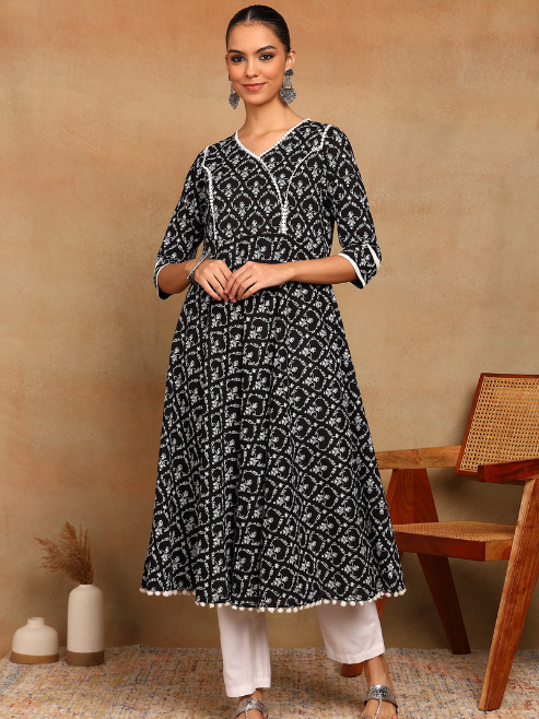 FASHION PLUS STORE Women's Cotton Floral Print Anarkali Kurta  (Black)