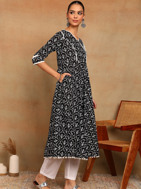 FASHION PLUS STORE Women's Cotton Floral Print Anarkali Kurta  (Black)