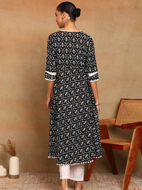 FASHION PLUS STORE Women's Cotton Floral Print Anarkali Kurta  (Black)