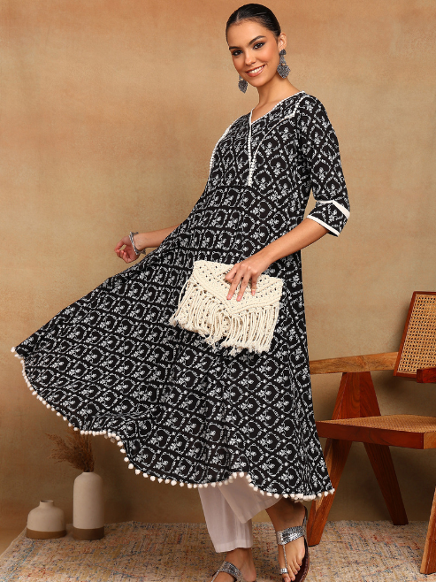 FASHION PLUS STORE Women's Cotton Floral Print Anarkali Kurta  (Black)