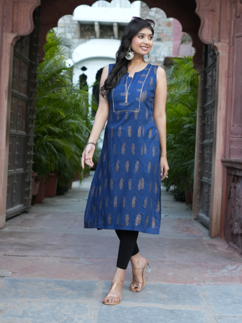 FASHION PLUS STORE Women’s Rayon Printed Straight Kurta Round Neck with V-Notch, Gota Lace Neckline Detailing Sleeveless (Blue)