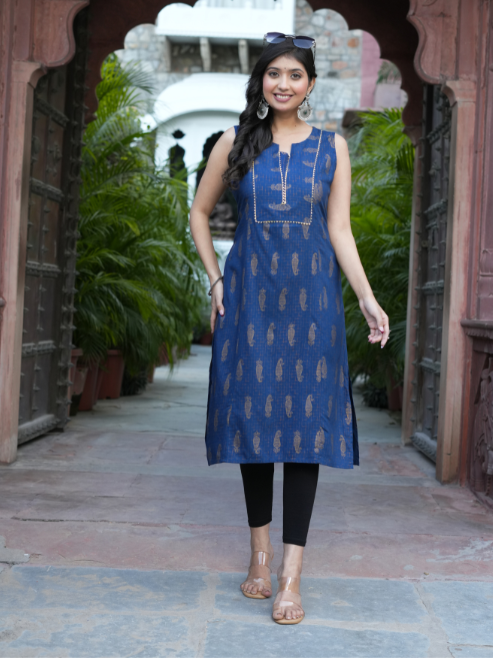 FASHION PLUS STORE Women’s Rayon Printed Straight Kurta Round Neck with V-Notch, Gota Lace Neckline Detailing Sleeveless (Blue)