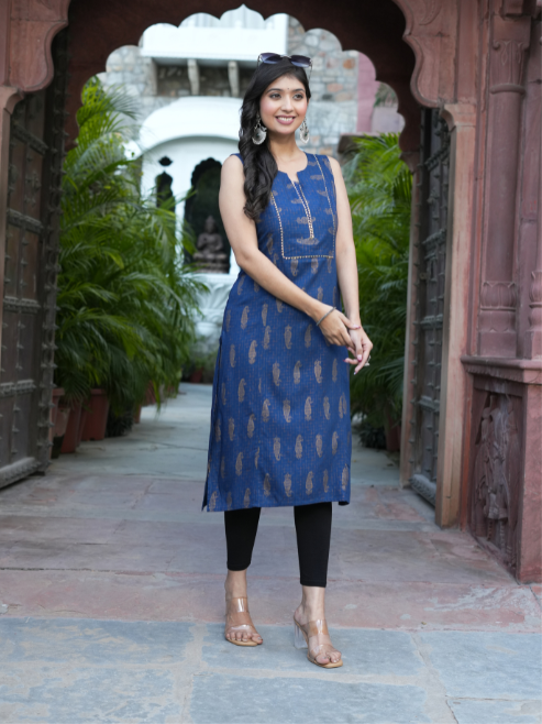 FASHION PLUS STORE Women’s Rayon Printed Straight Kurta Round Neck with V-Notch, Gota Lace Neckline Detailing Sleeveless (Blue)