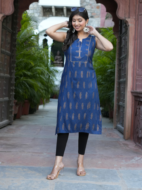 FASHION PLUS STORE Women’s Rayon Printed Straight Kurta Round Neck with V-Notch, Gota Lace Neckline Detailing Sleeveless (Blue)