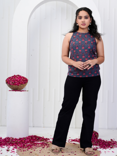 FASHION PLUS STORE Women's Cotton Regular Fit Floral Printed Hot Neck Regular Top