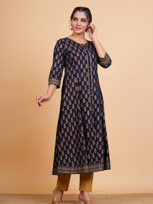 Fashion Plus Store Women's Cotton Calf Length 3/4th Sleeve Round Neck Floral Printed Anarkali Kurta with Dupatta