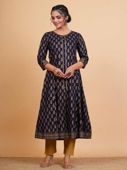 Fashion Plus Store Women's Cotton Calf Length 3/4th Sleeve Round Neck Floral Printed Anarkali Kurta with Dupatta