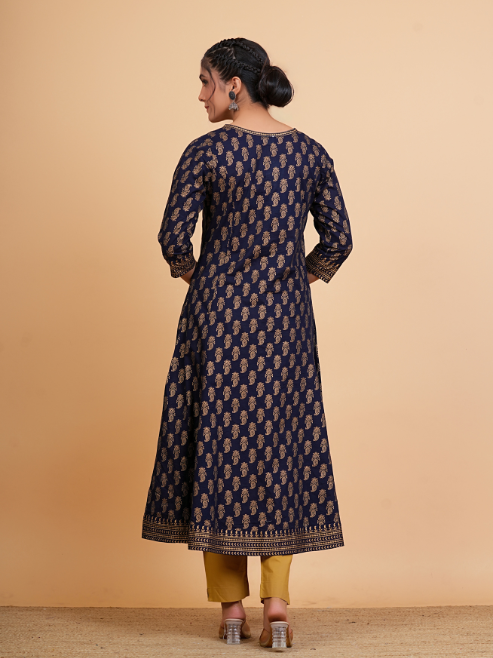 Fashion Plus Store Women's Cotton Calf Length 3/4th Sleeve Round Neck Floral Printed Anarkali Kurta with Dupatta