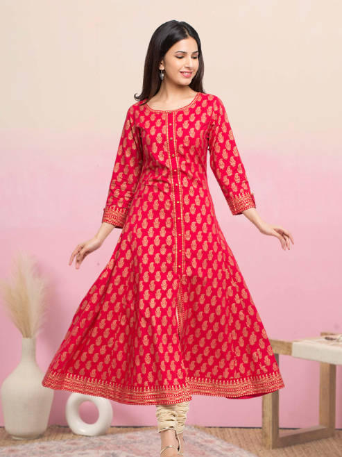 Fashion Plus Store Women's Cotton Calf Length 3/4th Sleeve Round Neck Floral Printed Anarkali Kurta with Dupatta